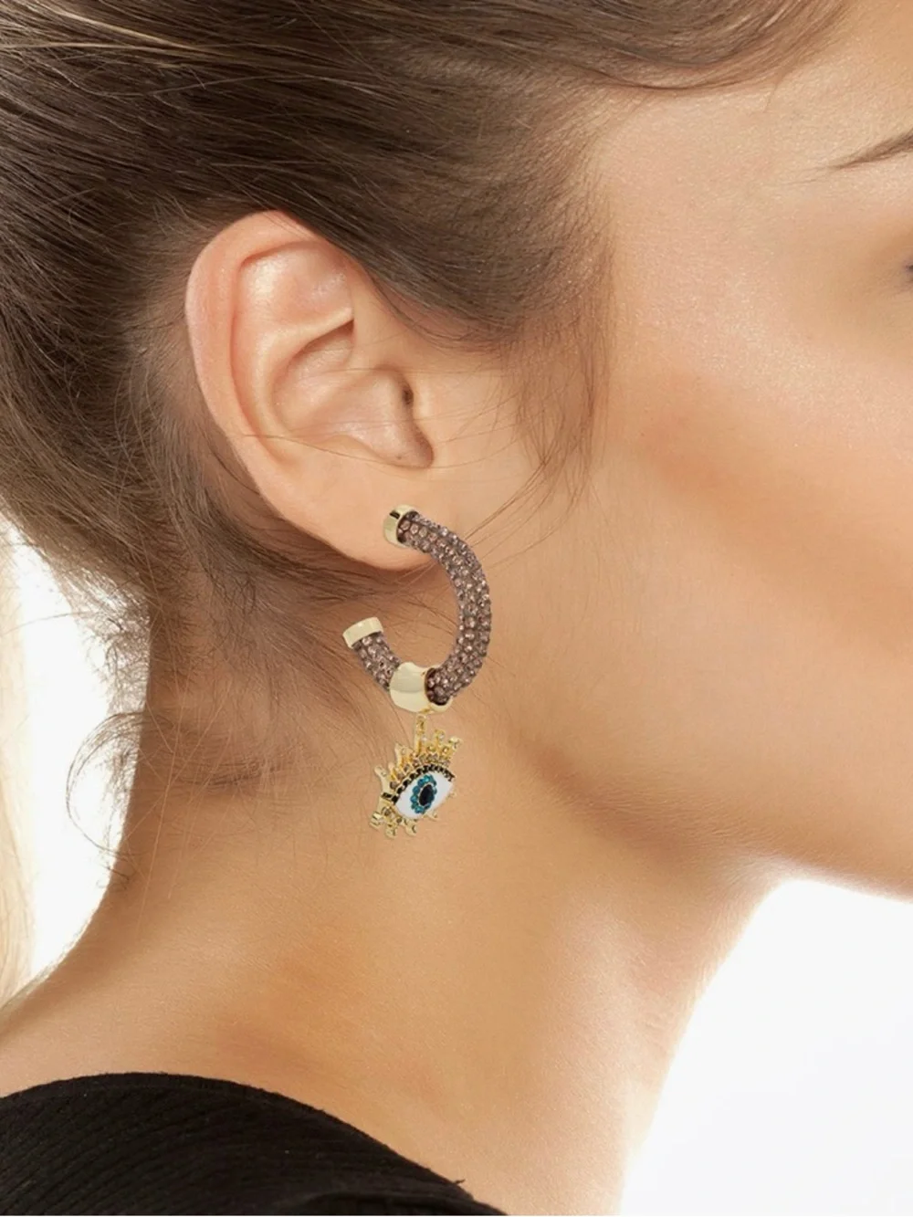 KURT GEIGER LONDON EVIL EYE CHARM PAVÉ GOLD CRYSTAL DANGLE HOOP EARRINGS  NWT - Picture 6 of 6